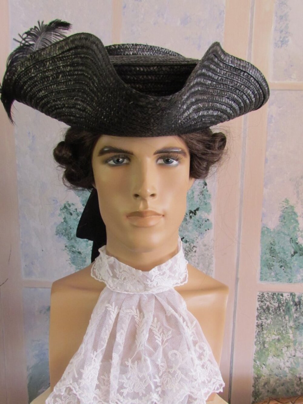 PIRATE HAT, HIGHWAYMAN TRICORNE, BLACK w PLUME, STRAW COSTUME HAT for HALLOWEEN